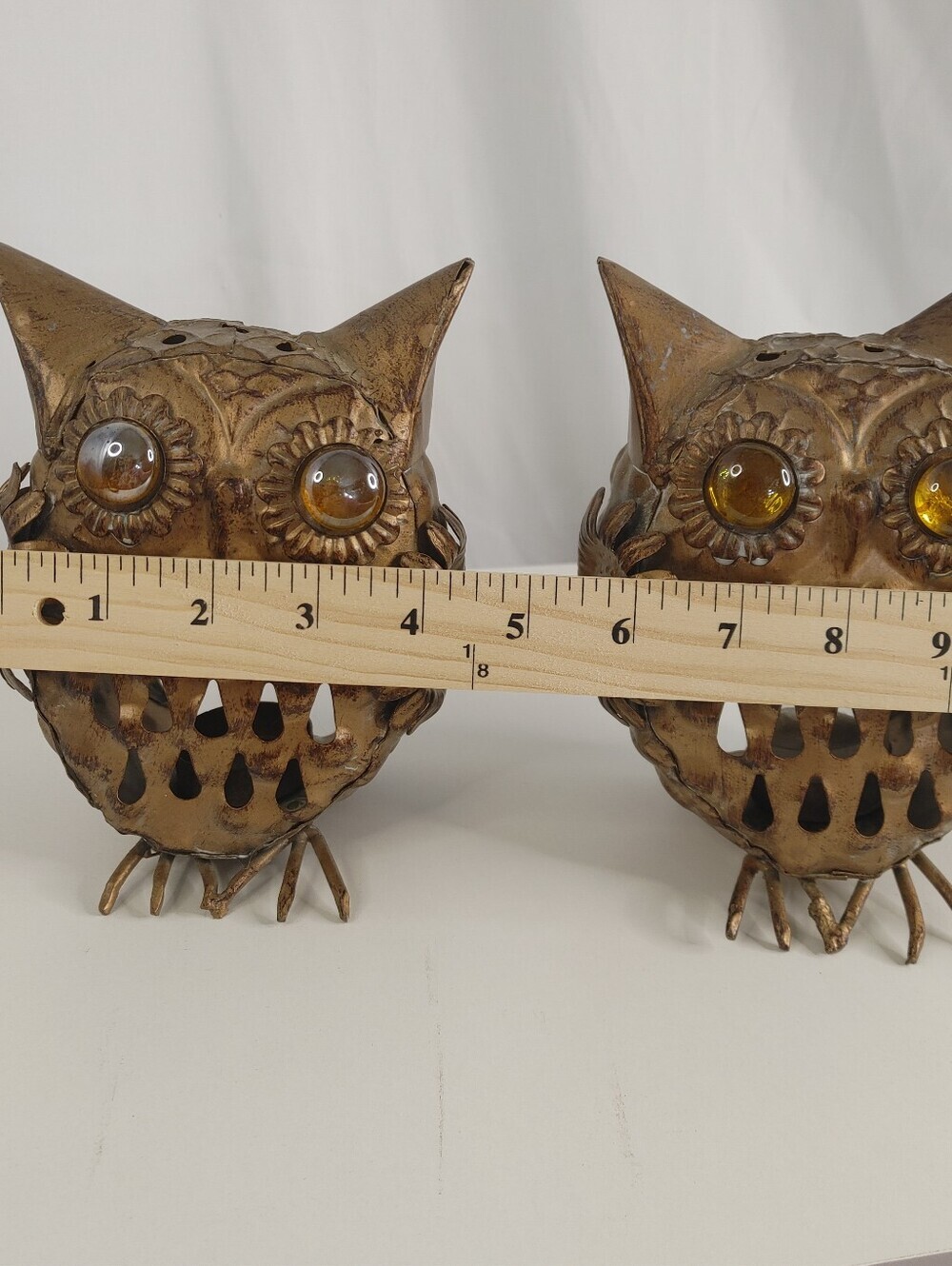 Vintage Metal Owl Tealight Candle Holders Pair 1970s Amber Glass Eyes 5.5" Retro - Picture 9 of 9